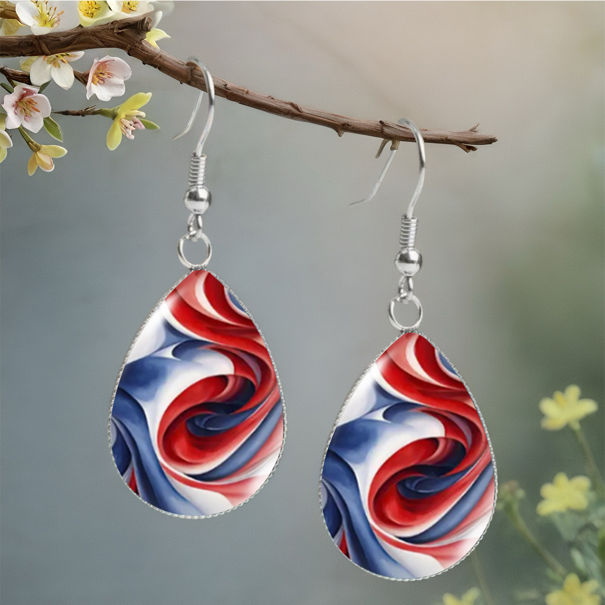 TEMU 1 Pair Of Patriotic Red, White, And Blue Heart-shaped Earrings, Day Abstract Floral Drop Earrings
