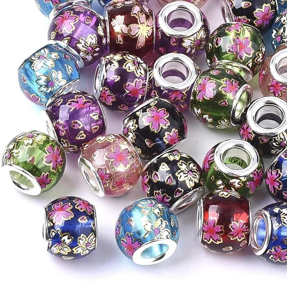 TEMU Pieces Printed Transparent Glass Large Hole (5mm) Round Colorful Loose Beads Floral Pattern Chain Suitable Jewelry Making Bracelet Material Kit