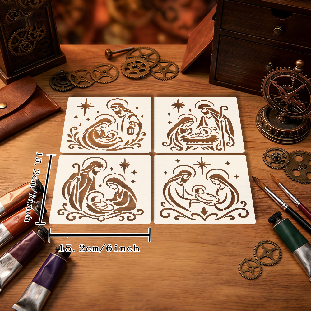TEMU Set stencil natalizi presepe 6x6 pollici adatti per lavoretti fai da te, con motivi della Famiglia, presepe e stella, modelli multiuso per da