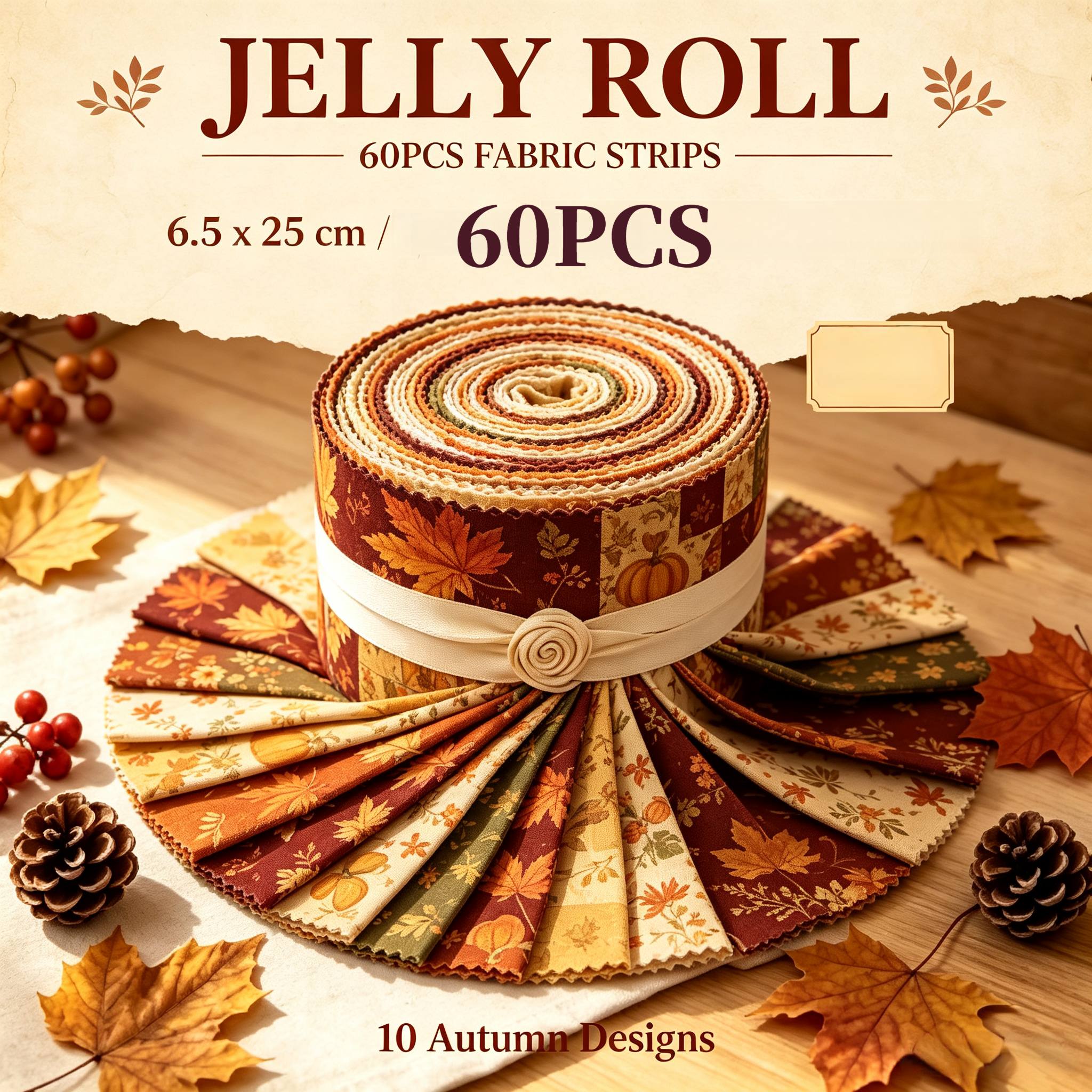 TEMU Autumn Fall Jelly Roll Fabric Strips 6.5x25cm, 30/60pcs Vintage Maple Leaf Pumpkin Printed Fabric Roll, 10 Assorted Autumn Designs Pre Cut