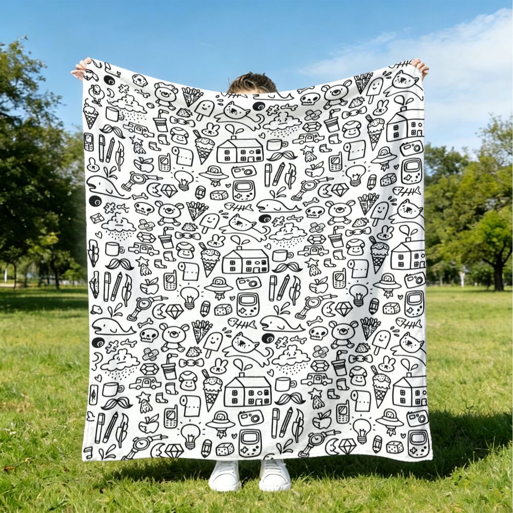 TEMU Diy Coloring Hand-painted Style Flannel Blanket, Adult Relax Black And White Line Art Pattern Throw Blanket, Cute Doodle Print Design,