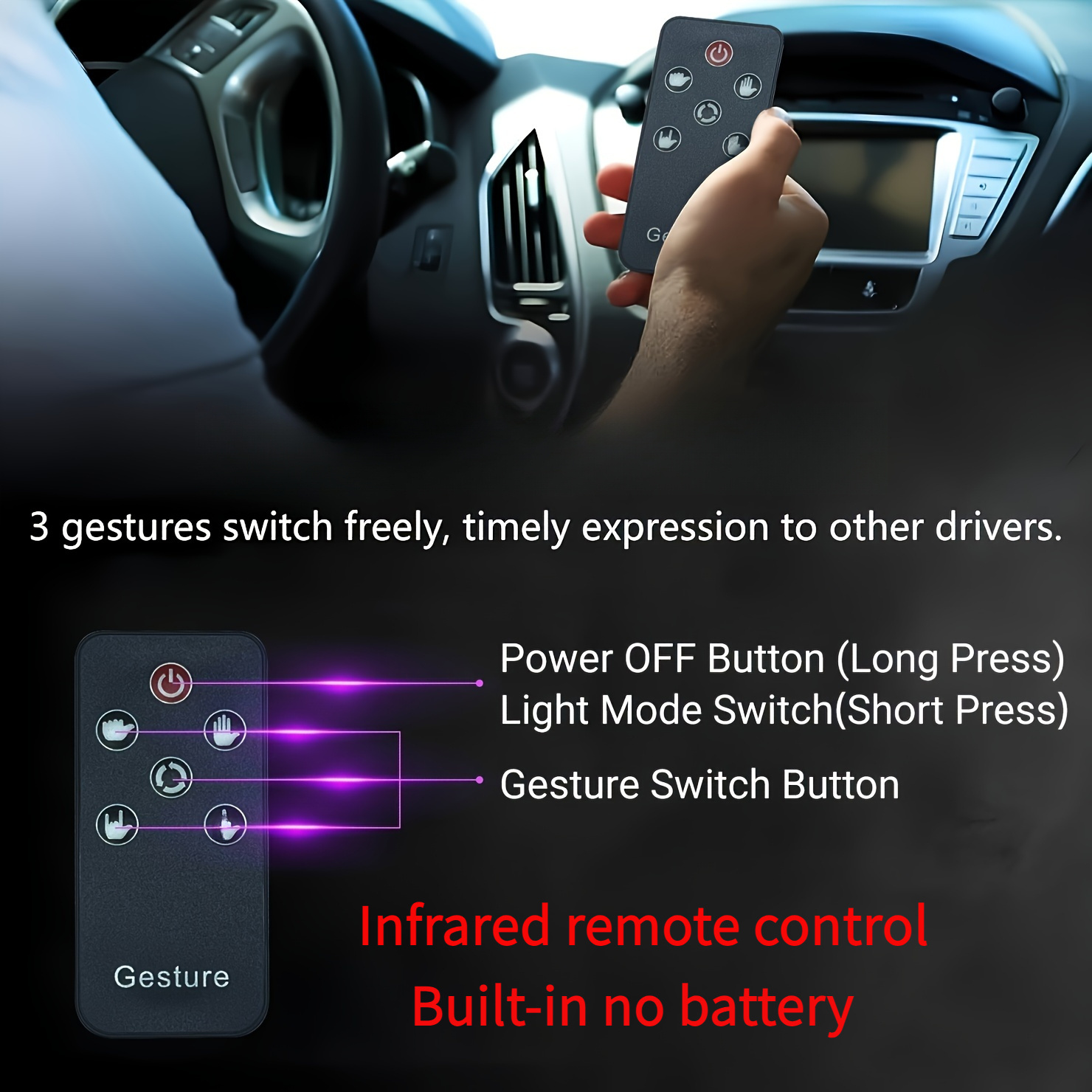 led gesture hand light with remote control high brightness neon accent light for cars battery powered light with three   non rechargeable aaa fits   vehicles 2