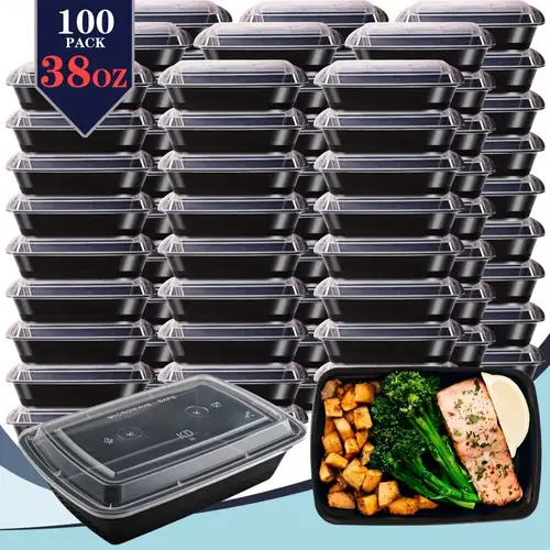 100pcs 200pcs black rectangular meal prep containers 38oz stackable and leakproof food storage container set disposale bento box ideal for takeout and meal prep microwave dishwasher freezer safe