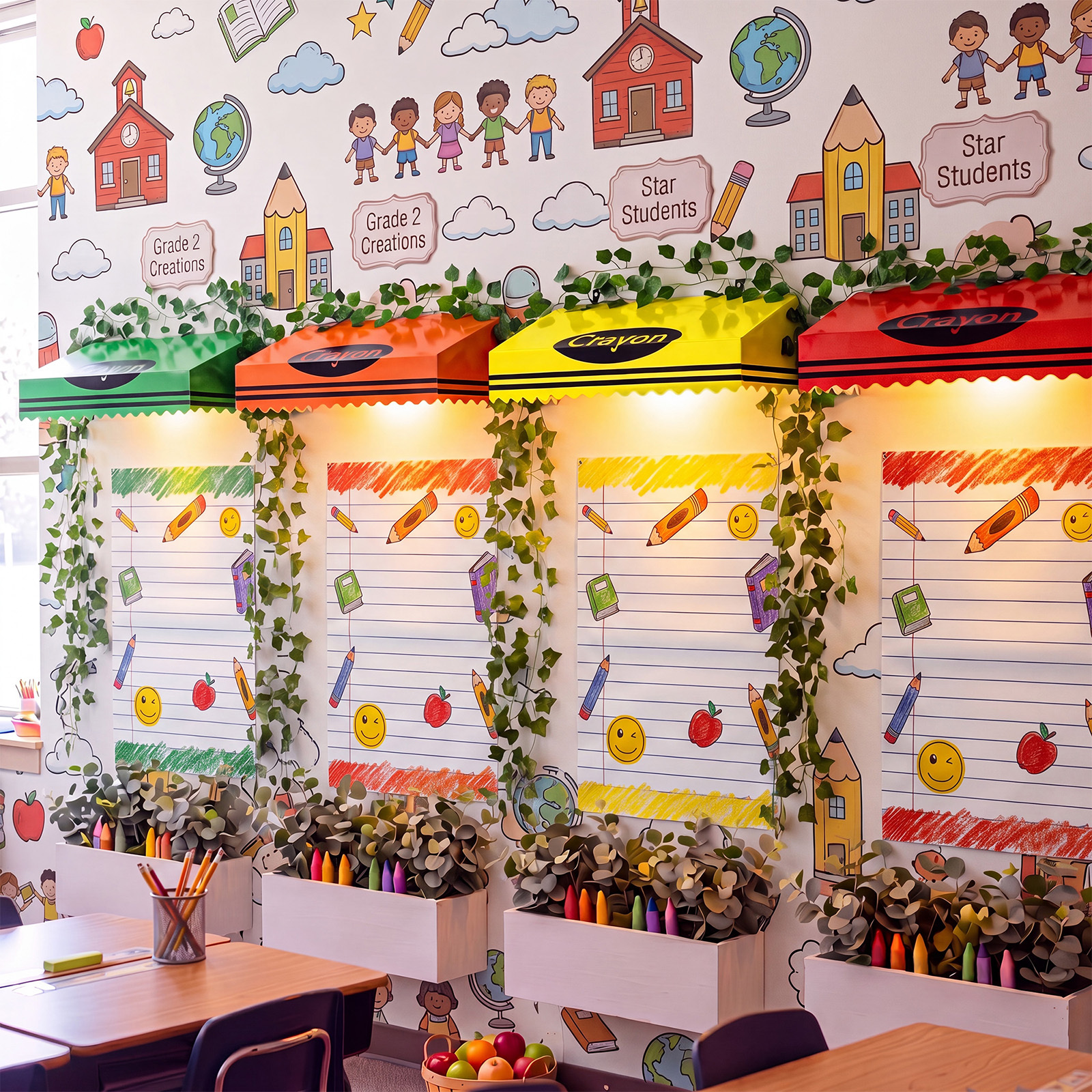 2d flat 20pcs back to school classroom awning decor kit crayon bulletin board canopy with posters   garlands warm for teachers school wall chalkboard decor room decor