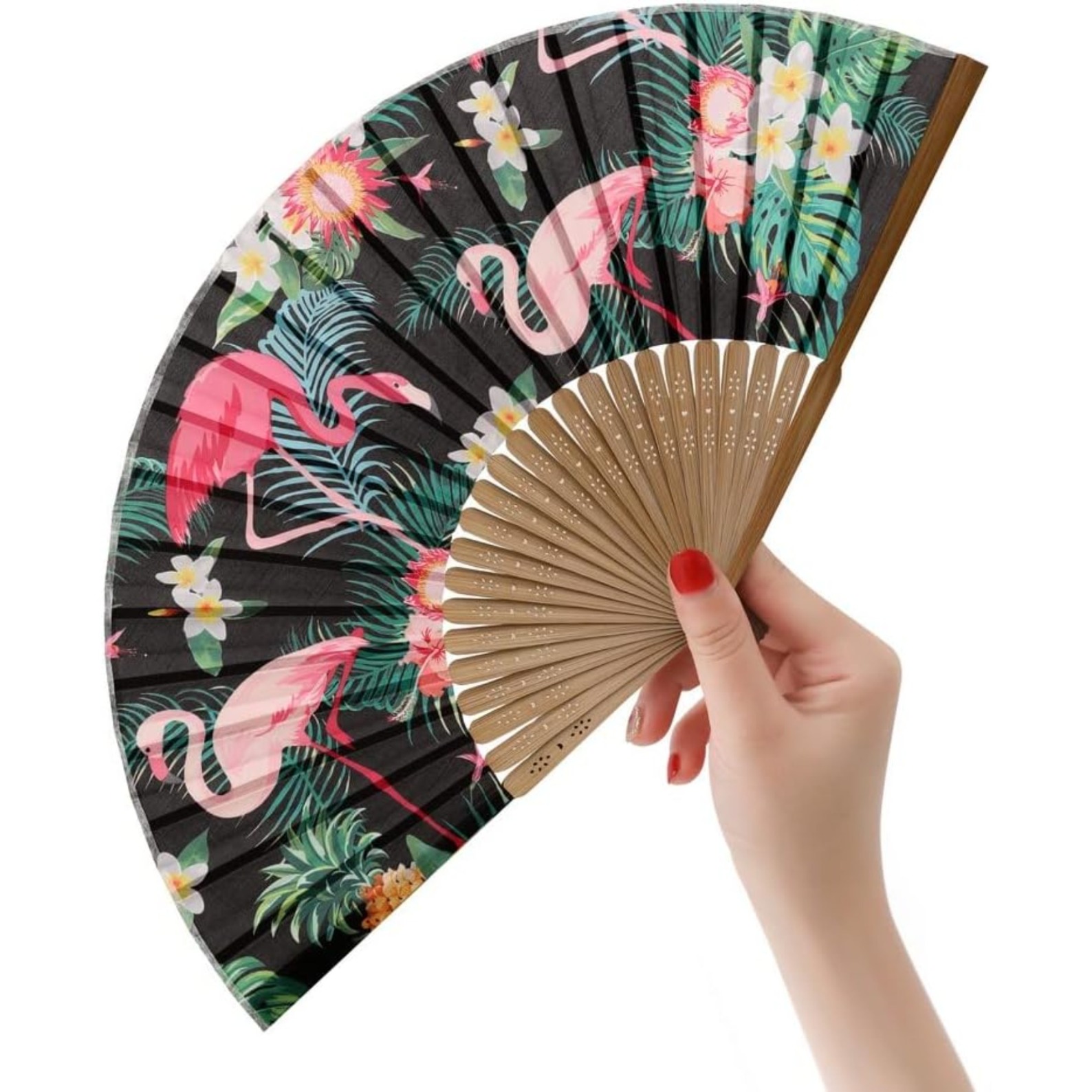 Image of Cheer Boutique Women Handheld Folding Fan - Bamboo Printed Pattern Foldable Fan - Ideal For Decoration, Wedding, Themed Party, Church, Festivals, Dancing And Gifts