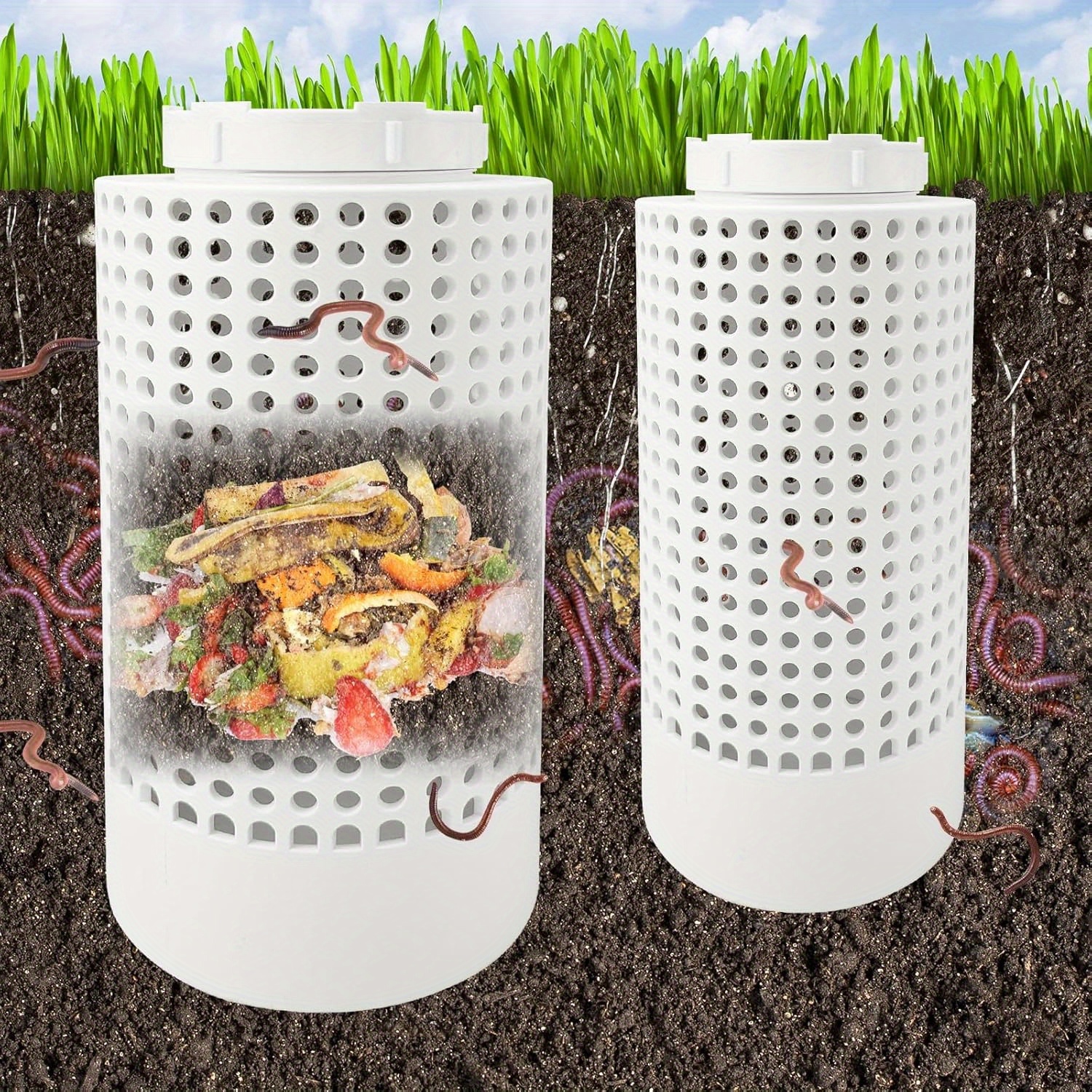 2pcs Outdoor Compost Bin Kit with Worms, * Plastic Inground Worm Farm for Raised Garden Beds, * Food Waste Reduction and Soil Enhancement System, Compost Bin Outside