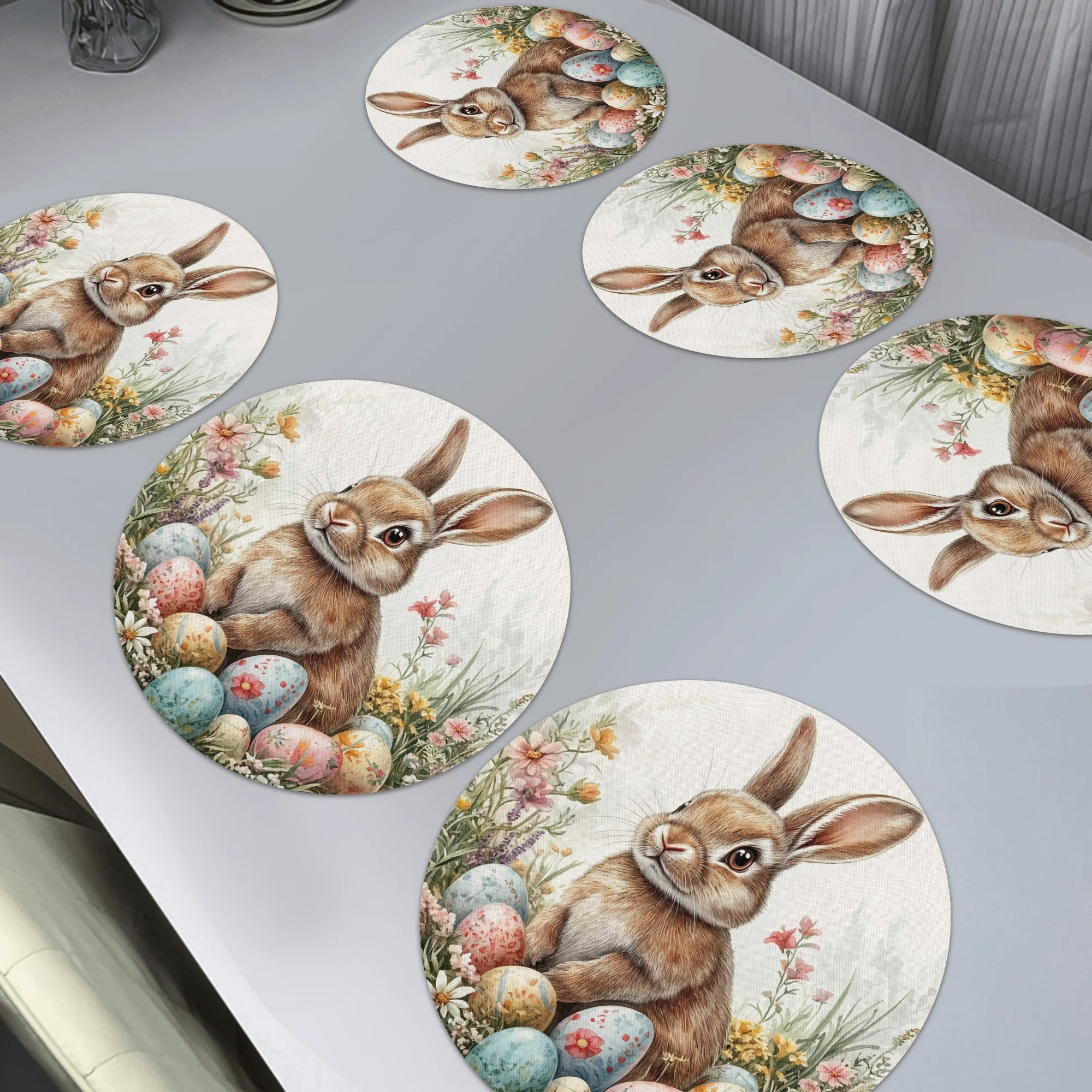 

Easter Dining Decor Set - 6pcs Spring Rabbit & Floral Table Mats, Polyester, Machine Washable, Anti-slip, Heat-resistant, Easy To Clean, 15x15in, Round Shape