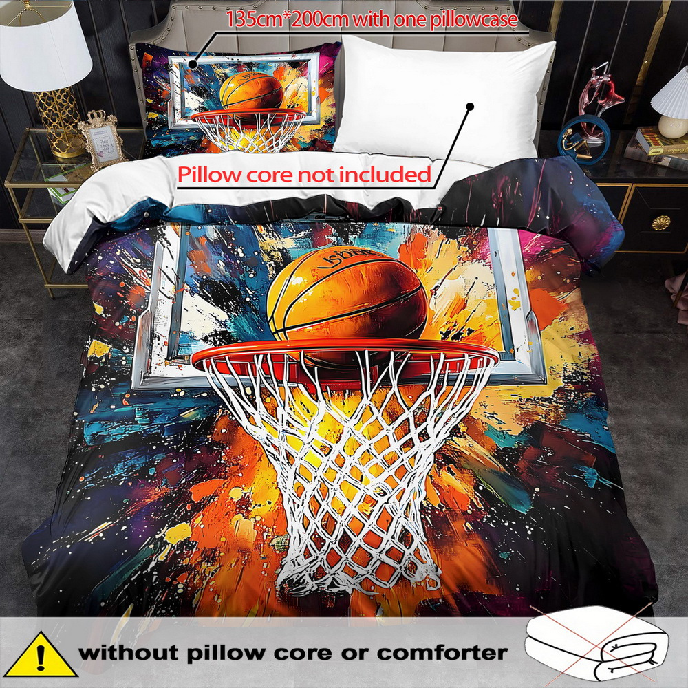 TEMU Basketball Themed Duvet Cover Set - 2/3pcs, Soft, Comfortable, And Breathable, Basketball Sports Pattern Printed Bedding, Sports Print Duvet
