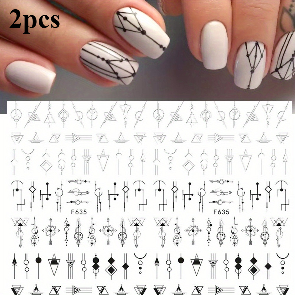 2pcs Easy Line Nail Stickers | Self-adhesive, Black And White Geometric Patterns, Glossy End, Pet Material, Single Use For Nail Decorations And Gifts