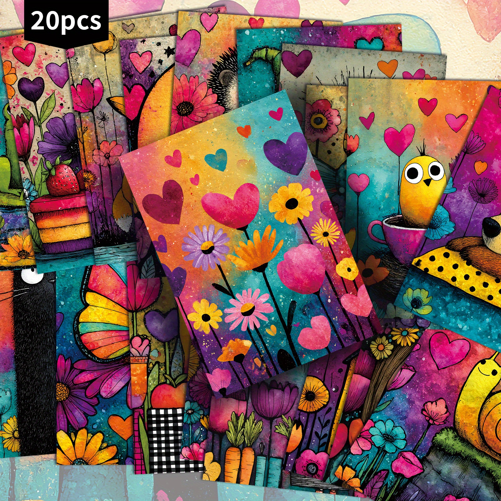 E-shop 20er-Pack Vintage-Postkarten – Blumen-, Herz- dekorative Motive – 4x6 Zoll -Karten in Pastell- lebendigen Farben – für Junk-Journals, Planer,
