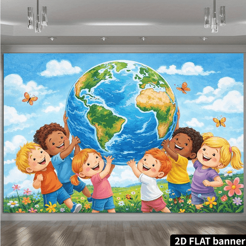 item picture earth themed backdrop suitable for environmental campaigns earth day decorations bright warm cartoon design with clouds grass butterflies durable for indoor outdoor use suitable for classrooms events 2d flat