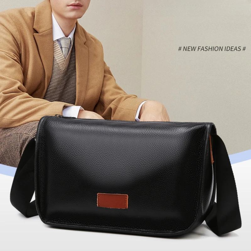mens genuine leather shoulder bag premium cowhide large capacity messenger bag with multiple pockets stylish business casual or travel versatile messenger bag professional durable leather bag details 0