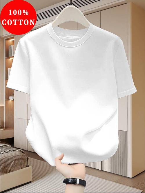 mens summer pure cotton short sleeve t shirt solid color crew neck simple casual versatile breathable sweat wicking half sleeve top