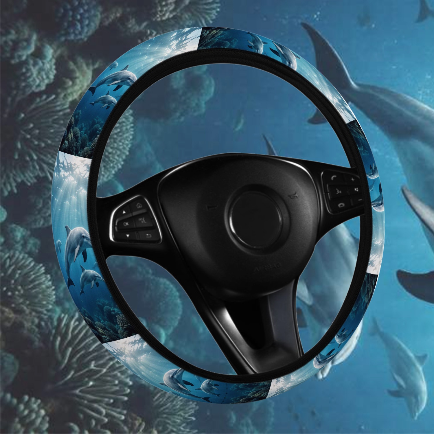 TEMU Underwater Scene Printed Elastic Steering Wheel Cover - Universal Fit For Car Models. Single Unit. Non-slip, Stylish, And Comfortable To The