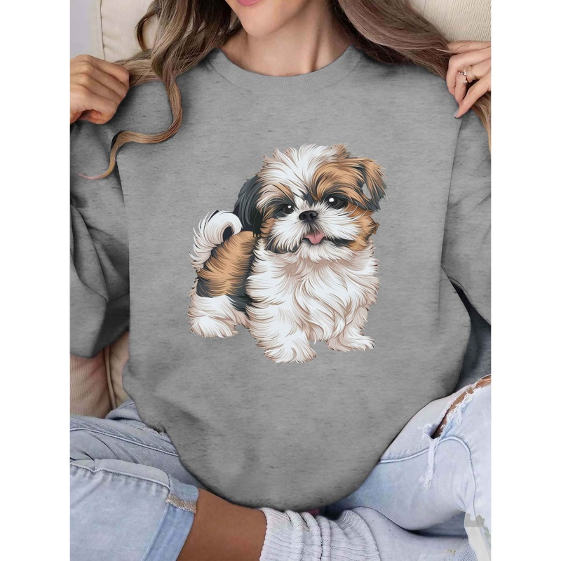 

Women's Polyester Crew Neck Sweatshirt, Casual Knit Fabric Pullover, With Small Shih Tzu Dog , For Fall & Winter