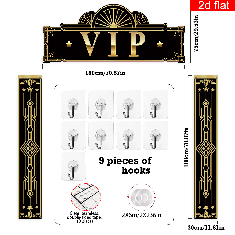 TEMU 2d Flat, 2d Flat Banner, 3pcs Vip Decoration Kit - Movie Night Hanging Banner, Vip Stage Entrance Theme , Suitable For Birthday Party Award