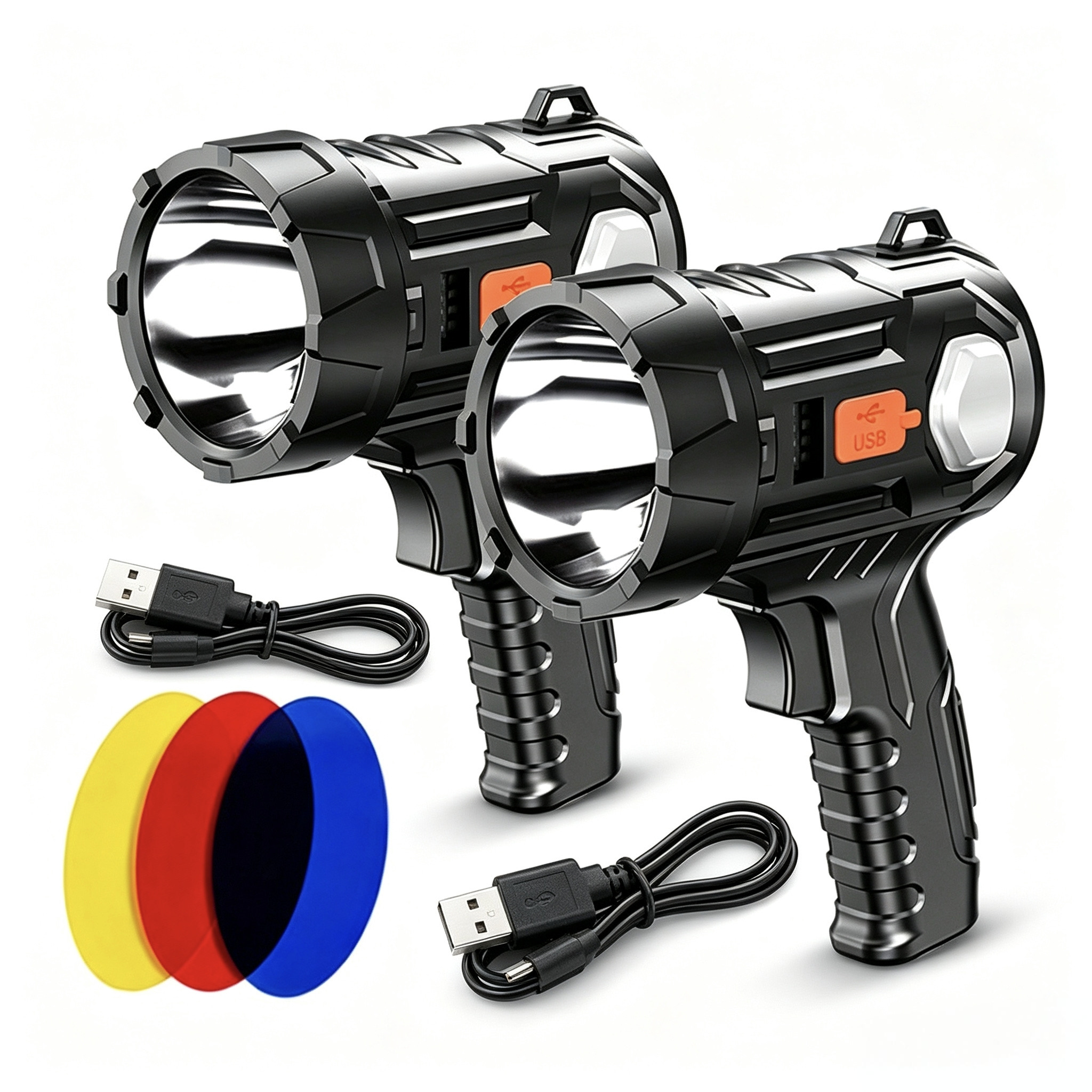 TEMU 2 Pack Rechargeable Handheld Spotlight Flashlight, High-brightness Long Distance Torch Light With Red Yellow Blue 3-color Filters, Usb Charging