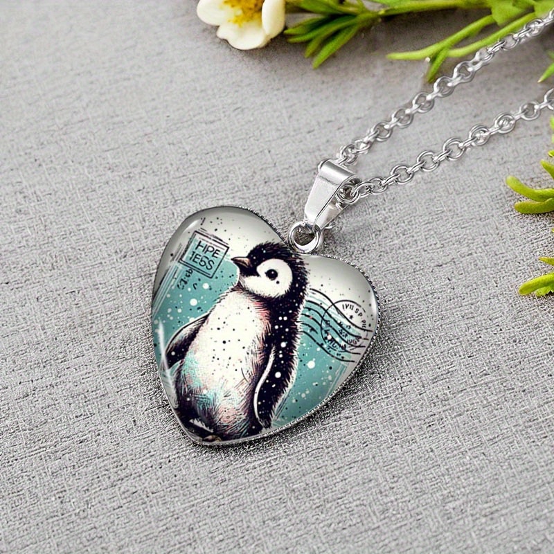 TEMU 1pc Cute Penguin Heart-shaped Glass Pendant Handmade Men's Jewelry