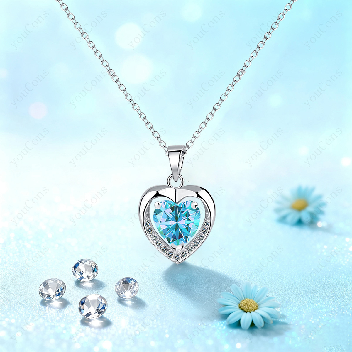 Light Blue Double Heart Pendant Necklace with Exquisite Gift Box, Romantic Gift