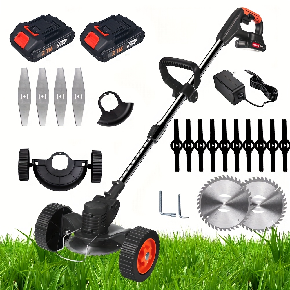 TEMU Tondeuse à gazon électrique portable fil avec 3 lames et 2 batteries lithium-ion haute capacité | Grande puissance, désherbeur de jardin,