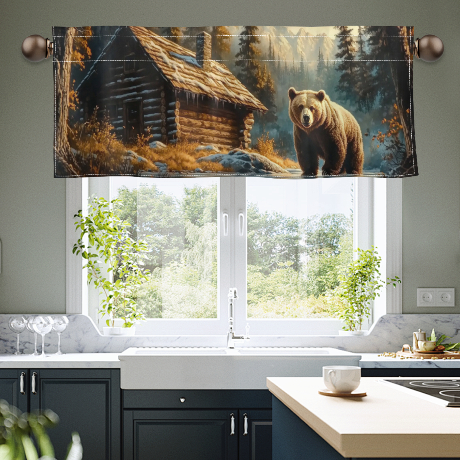 

1pc Bear And Polyester Valance Curtain, 54x17.7 , - Printed For , , -, Rod Hanging
