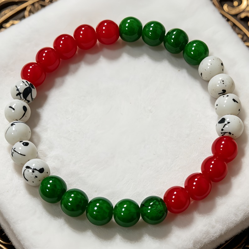 TEMU . Rot/Grün/Weiß Dreifarbige Perlenarmband, Elegantes Retro-Farbschema, Perlen mit warmer Textur, Bequemes elastisches Band, Passend für die