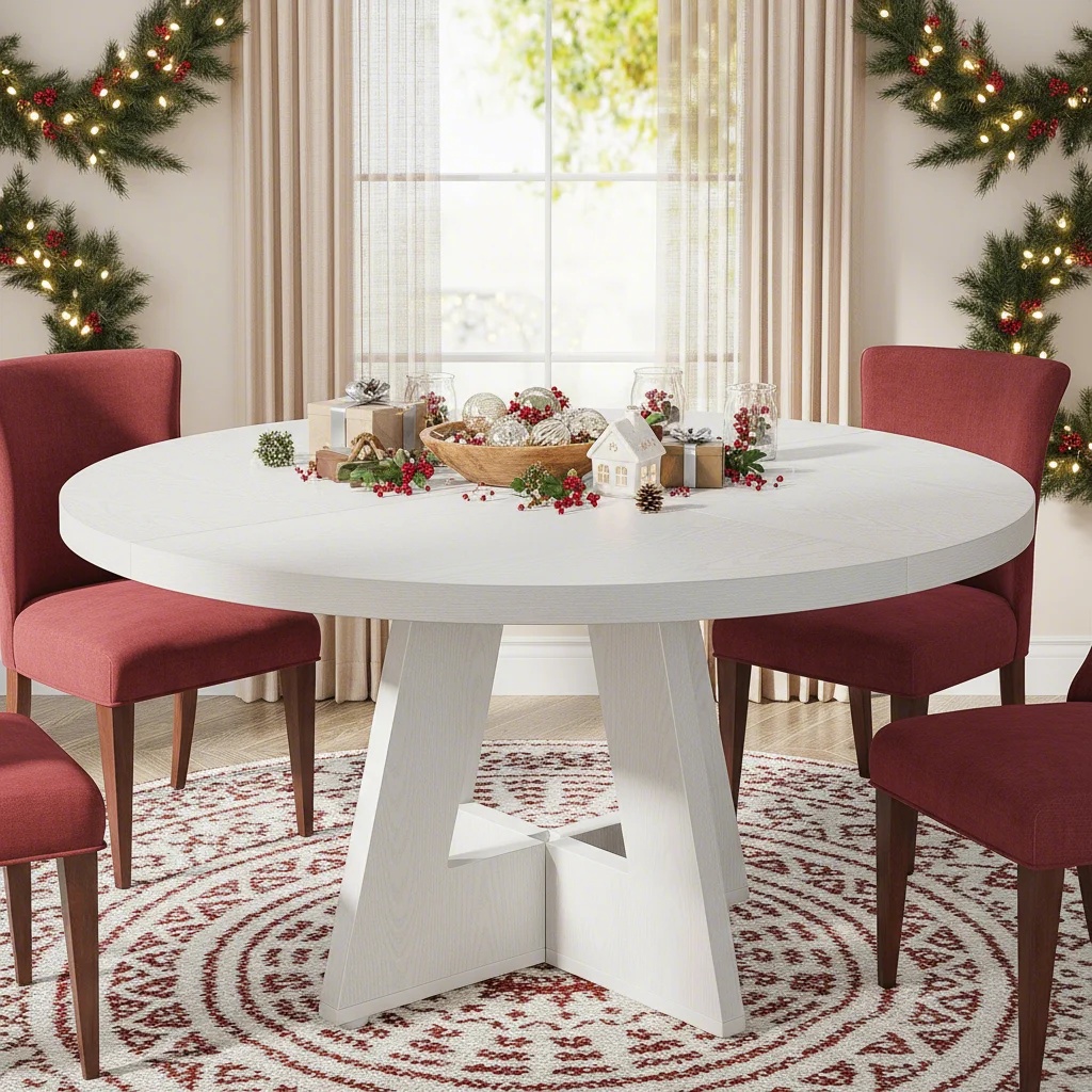 47' Round Dining Table For 4-6, Modern White Kitchen Or Dining Room Table With Wooden Pedestal Base ( Table 1pc)