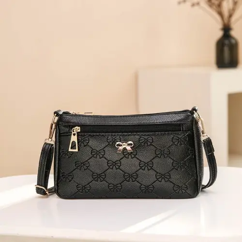 womens solid color shoulder bag bow embossed small crossbody bag multi large capacity clutch bag removable shoulder strap