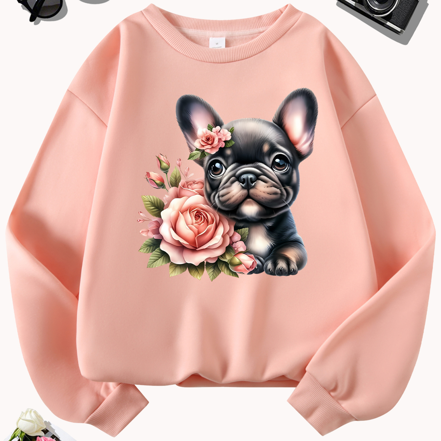 

Women's Casual Crew Neck Pullover Sweatshirt With French Bulldog And Rose Print, , Polyester 100%, Stretch, Rib-knit Detail, Perfect Valentine's Gift - 220g/m² Knit Fabric