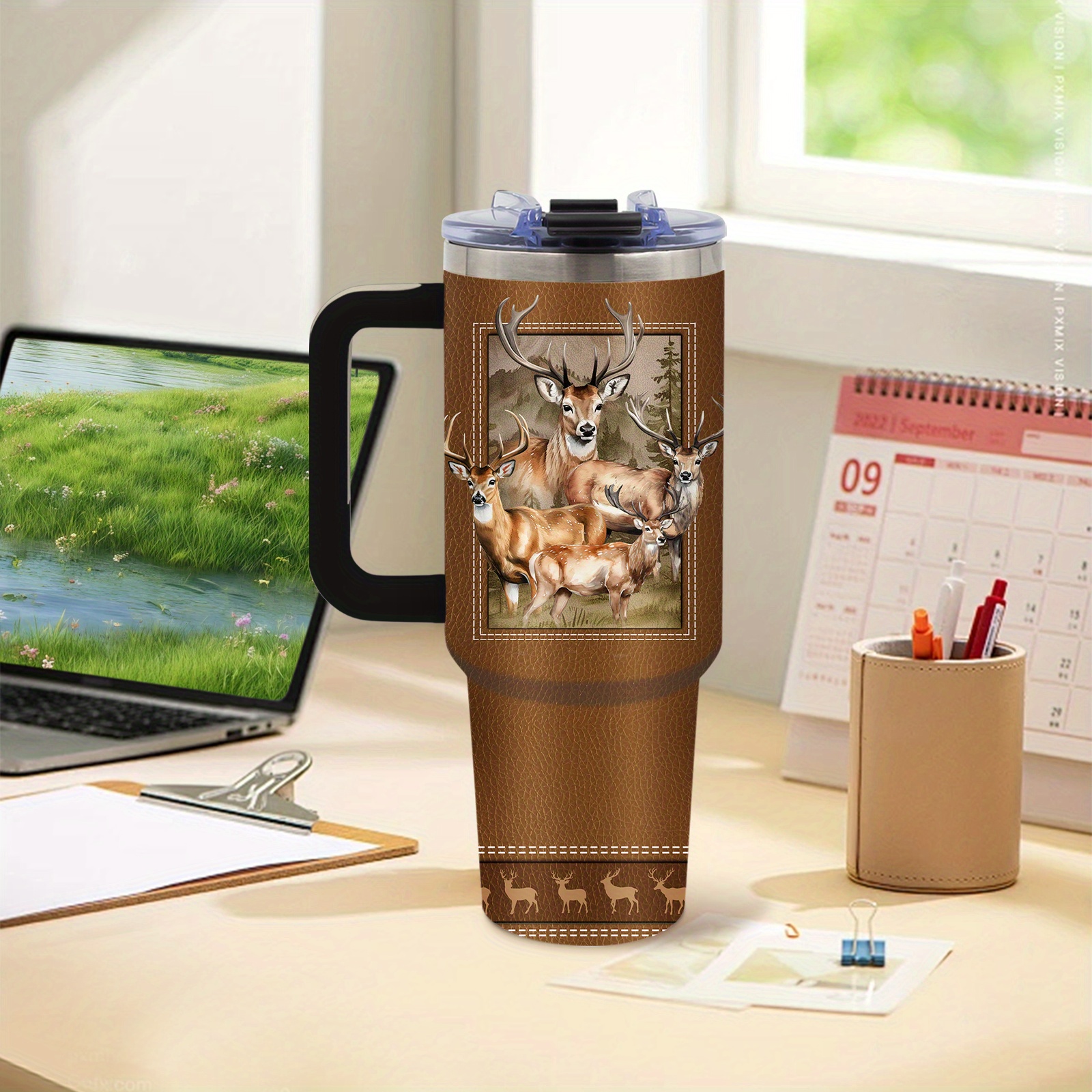 TEMU 1pc 40oz Stainless Steel Insulated Water Bottle With Lid, Straw & Handle | Deer And Forest Design, Heat And Cold Preservation, Ideal For Birthday And Holiday Gifts, Hand Wash Only