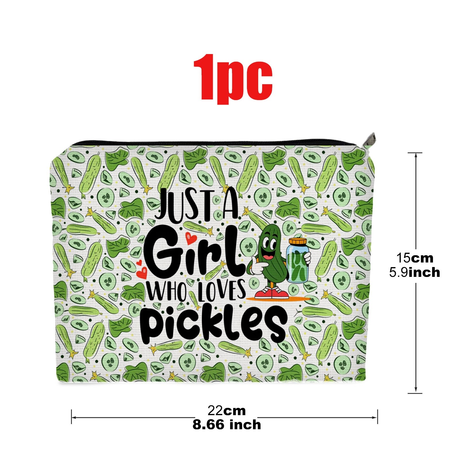 TEMU Cartoon Pickle Print Cosmetic Bag, " Who Pickles" Design With Cute Pickle Character & Heart Decorations, Double Sided Polyester Toiletry Pouch