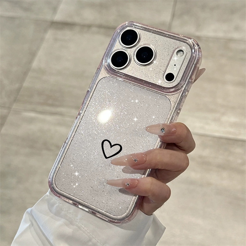E-shop Handyhülle: Transparente Hülle mit Präzisionsausschnitten, glitzerndem schwarzem Herzmuster, kompatibel mit Apple iPhone 17, 13, 13P, 13 Pro, 13