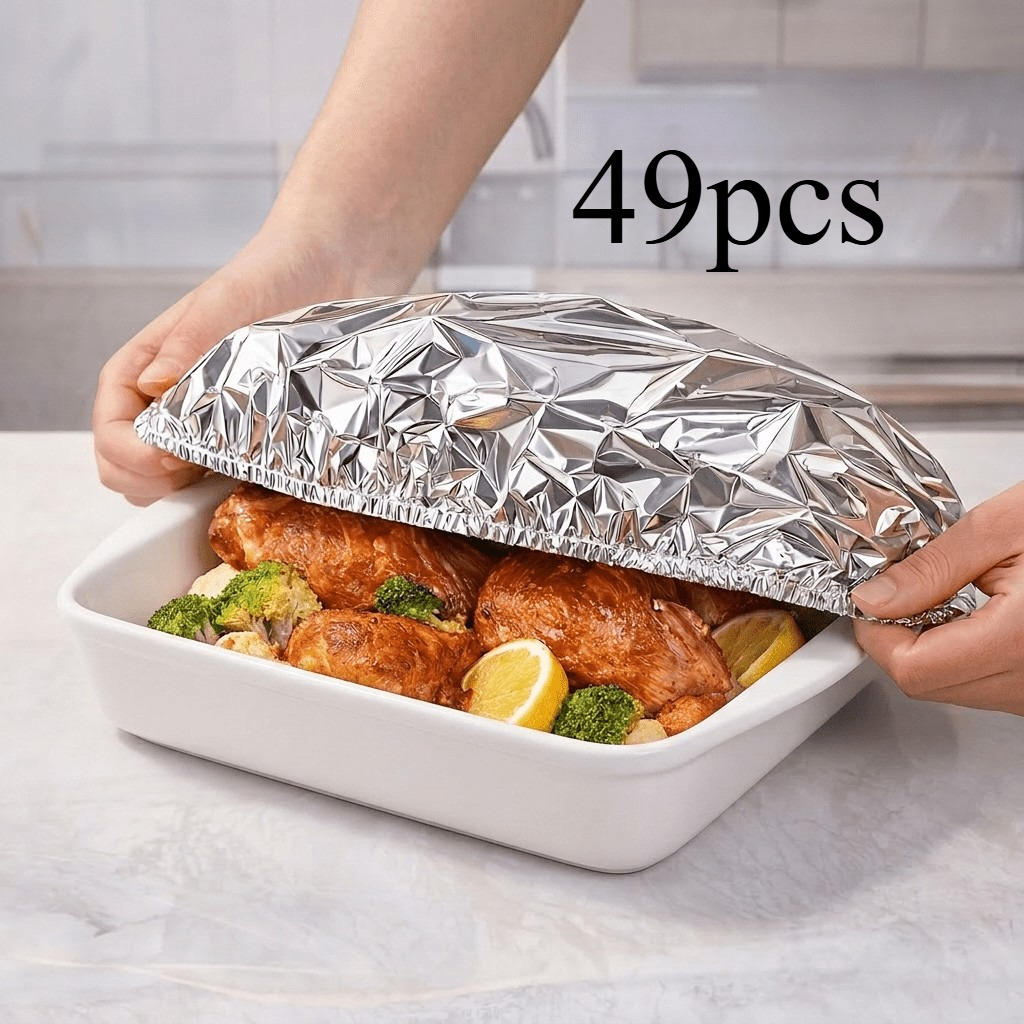 Image of 49pcs Reusable Large Aluminum Foil Food Covers, Heat-resistant Adjustable Covers, Smooth Surfaces For 8-12.5 Inch Cutlery And Kitchen Storage