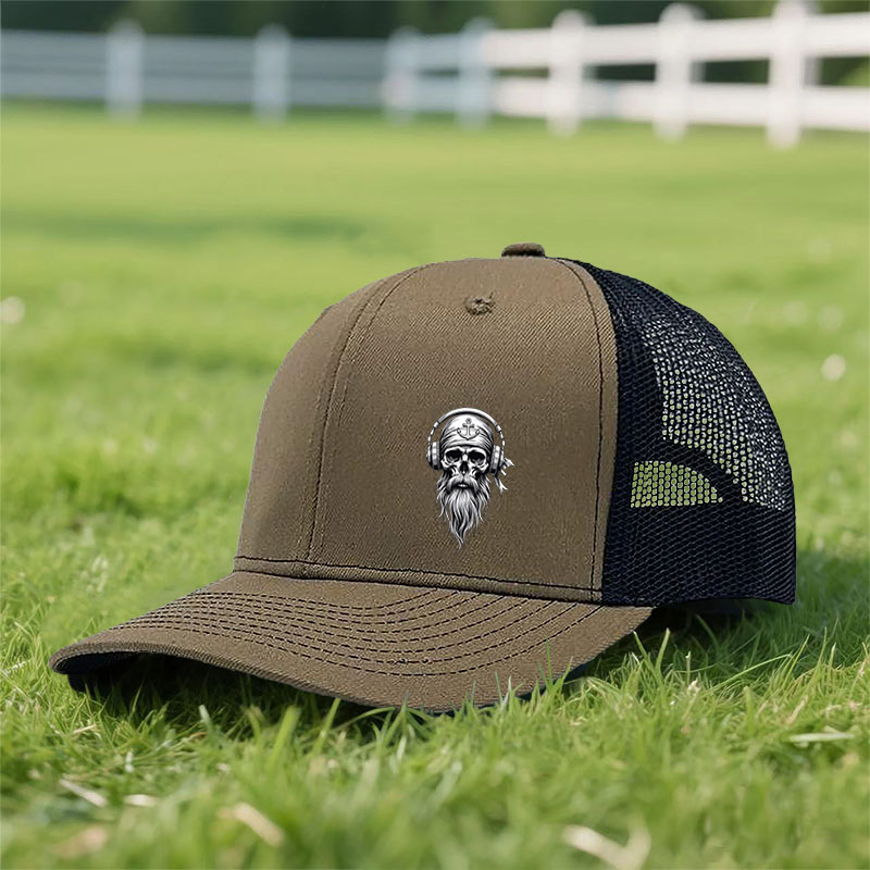 TEMU Trucker Featuring A Skull With An Anchor And Beard Design, Along With Headphones Print. Ideal For Daily Wear, Sturdy And Makes A Great Gift