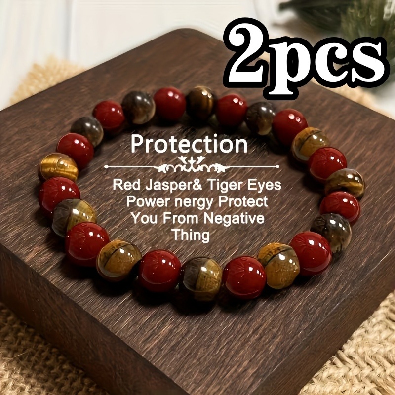 TEMU Lot de 2 bracelets tendance avec perles d'espacement en d'œil de tigre et artificielle rouge, élastiques, adaptés au port pour femmes et hommes,