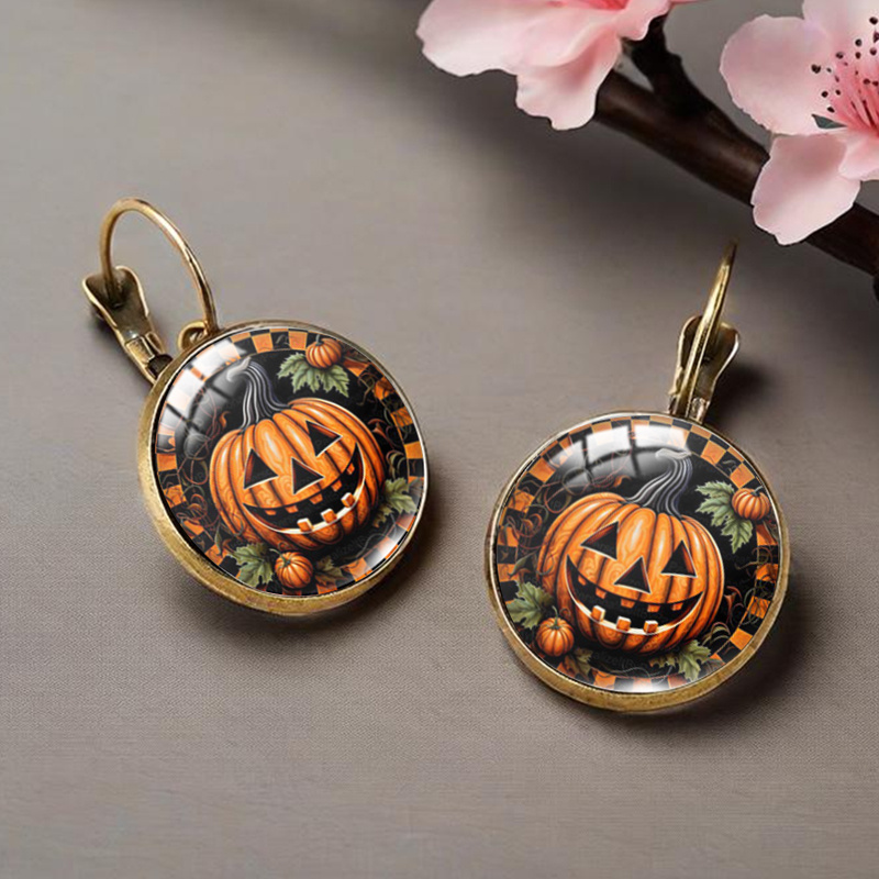 Halloween Pumpkin Pattern Circular Glass Retro Earrings