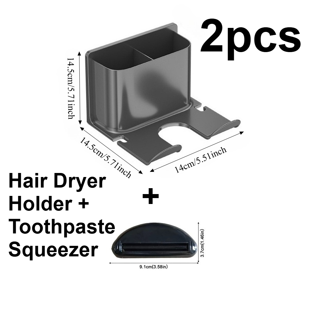 TEMU 2pcs Set Of Hair Dryer Holder And Toothpaste Dispenser, Home Punch-free Wall-mounted Hair Dryer Storage Rack, Bathroom And Toilet Hair Dryer