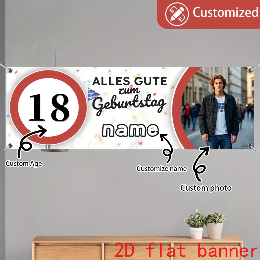 E-shop 1 Stück Klassisches Rot-Weißes 18. Geburtstag Deutsch Party Personalisiertes Anpassbares Hintergrundbanner, Vinyl Tintenstrahldruck, Anpassbar