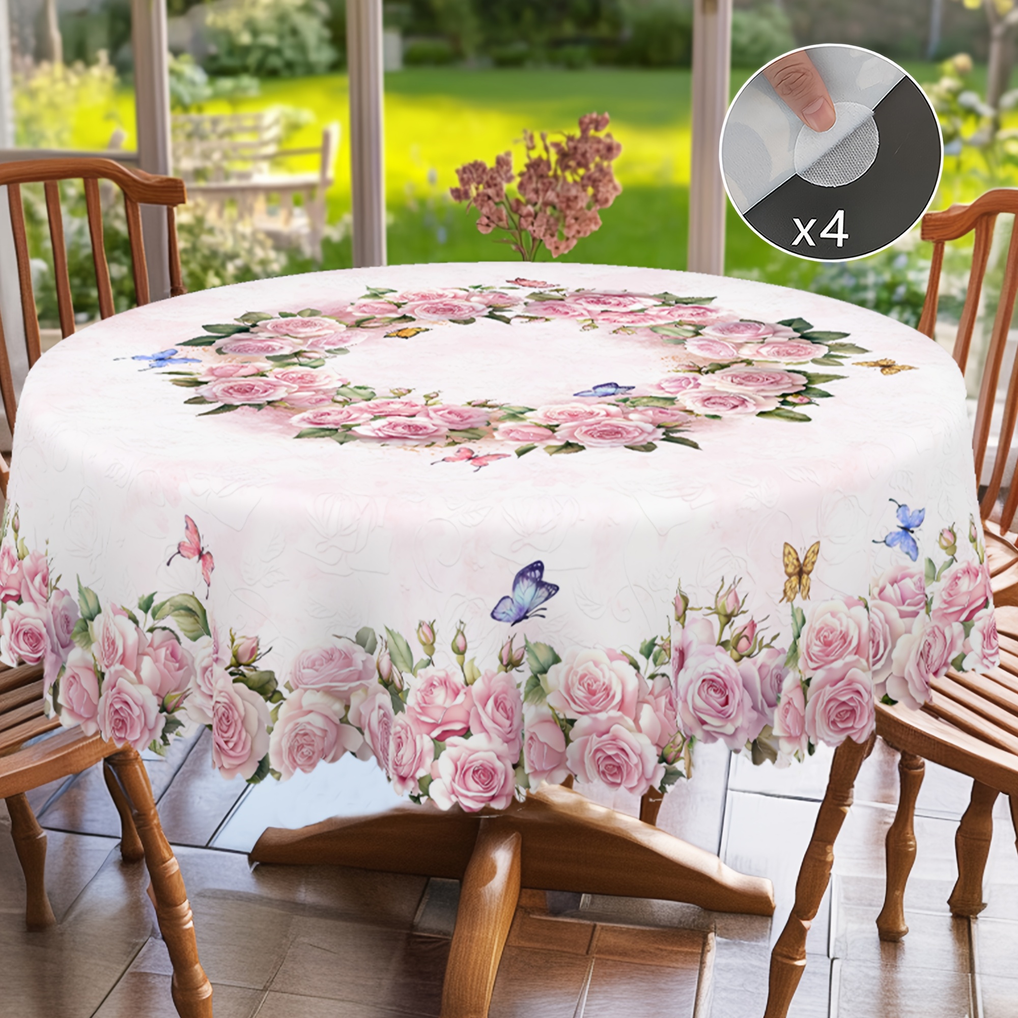 TEMU 2d Flat Printing Round Tablecloth Spring Floral Tablecloth Pink Rose Country Style Suitable For Spring And Summer Valentine's Day Mother's Day