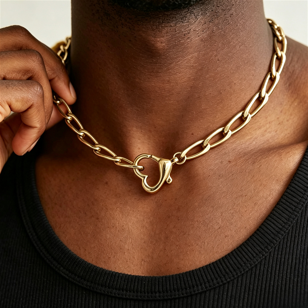 Vintage Stainless Steel Heart Clasp Cuban Chain Necklace