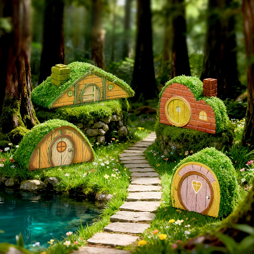 TEMU 4pcs Set Of Moss House Decorations For Miniature Gardens, Horticultural Landscaping Potted Plant Additions, Desktop Ornaments