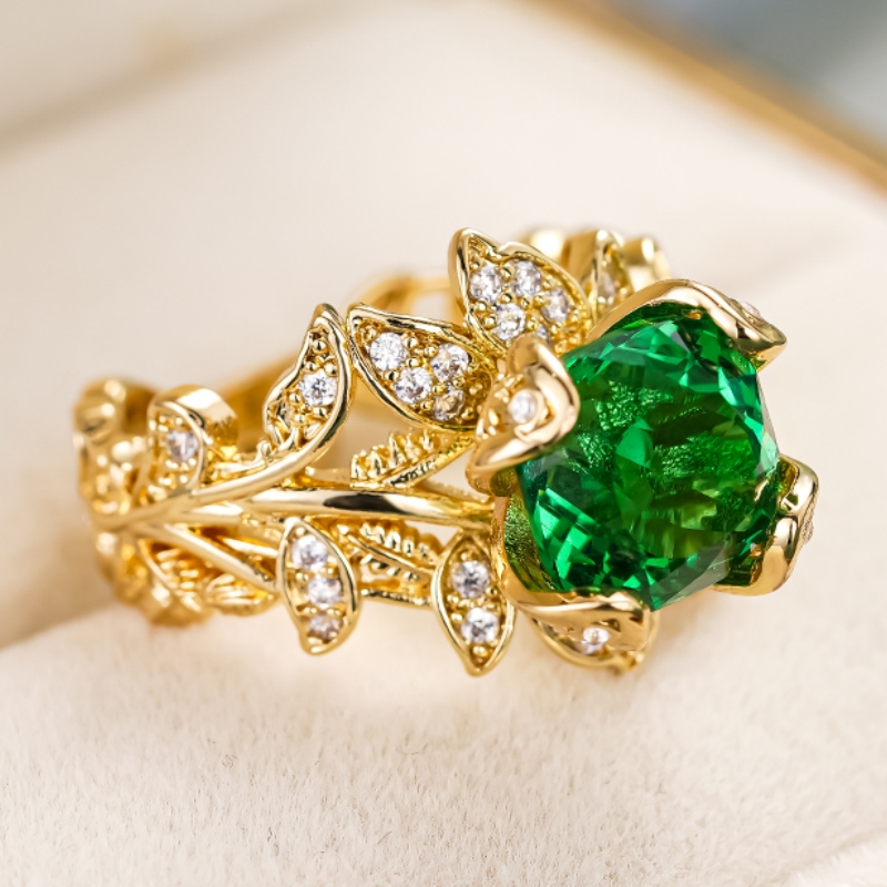 Women's Retro Green Zirconia Flower Leaf Ring