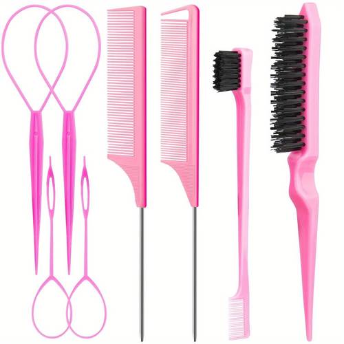 8pcs hair styling combs set 4pcs topsy hair tail tools 2 styles of rat tail comb 1pc bristle teasing slick back hair brush 1pc edge control brush eyebrow brush for woman girl pink