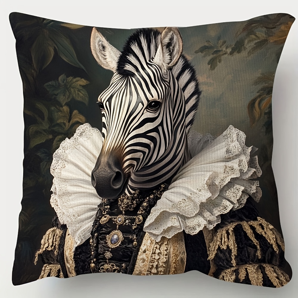 TEMU A Meticulously Designed Renaissance Zebra Pattern Pillowcase, Featuring Lace And Golden Embellishments, Printed On , Made Of Short Plush Fabric,