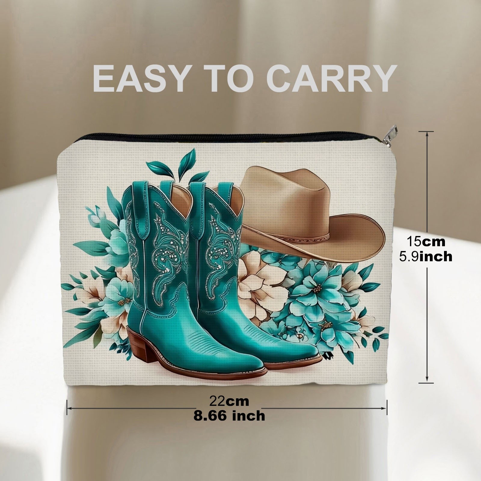 TEMU 1pc Western - Themed Cosmetic Bag, 8.66in*5.9in Double - Sided Style, Polyester Material, Artistic , Ideal For Beauty Enthusiasts, Perfect For Travel & Storage, Teal Cowboy Boots Pattern