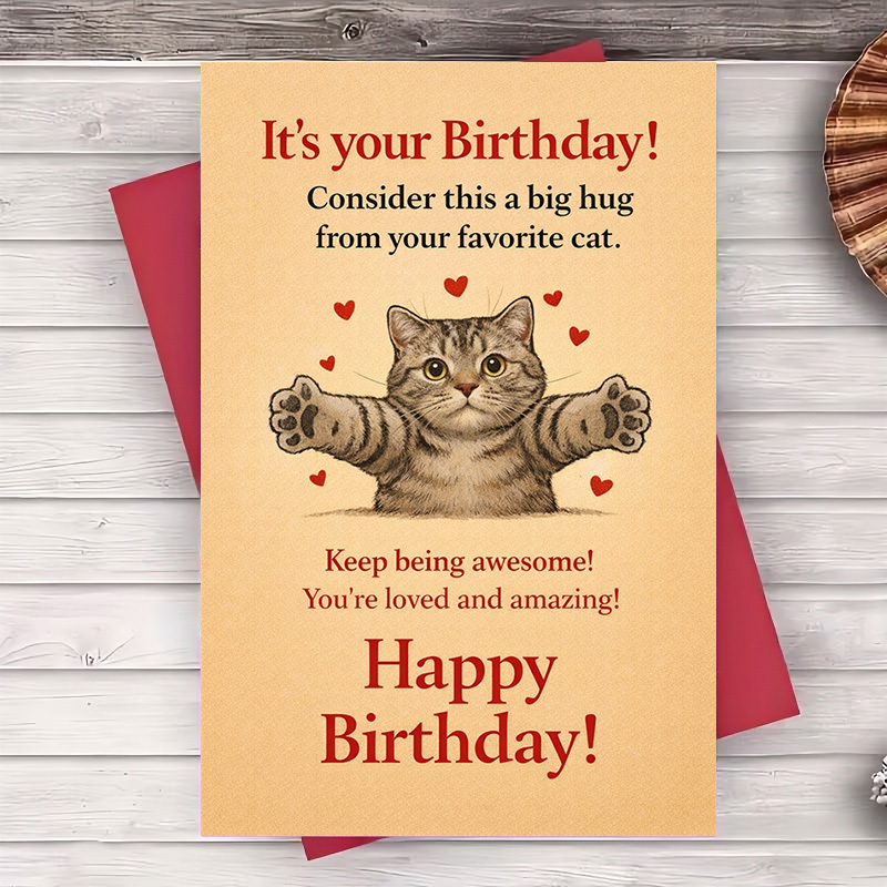 TEMU A Set Of 2 Items (an Envelope And A Greeting Card) Featuring An Adorable Cat Birthday Card With A Hug Message, Perfect For , Family, And Pet