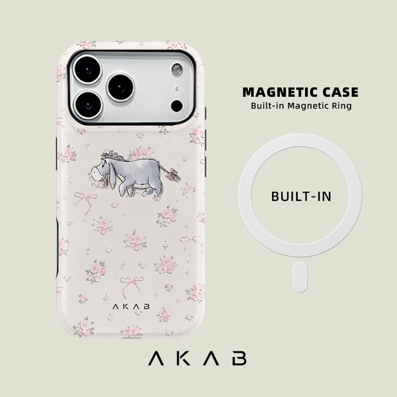 TEMU Phone Case - Akab Magnetic Phone Case, Cute Gray Donkey Pink Floral Bow Pattern Aesthetic Design For Iphone 17 16 15 14 13 12 11 Pro Air, 2-in-1