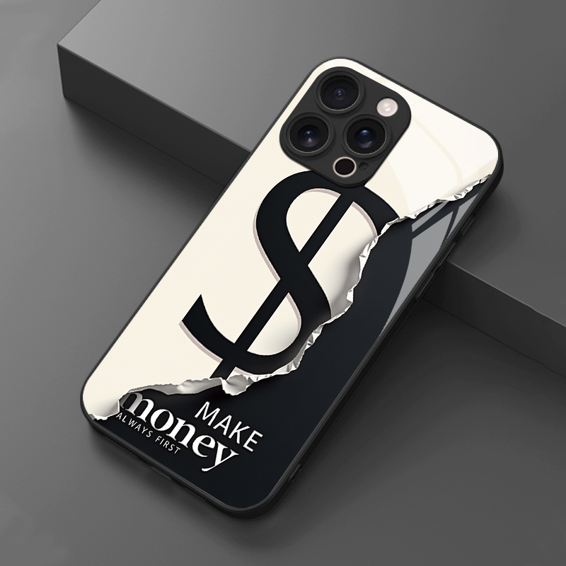 TEMU Phone Case - 1pc Minimalist Tear Dollar Sign Pattern Hd Glass Phone Case For Iphone
