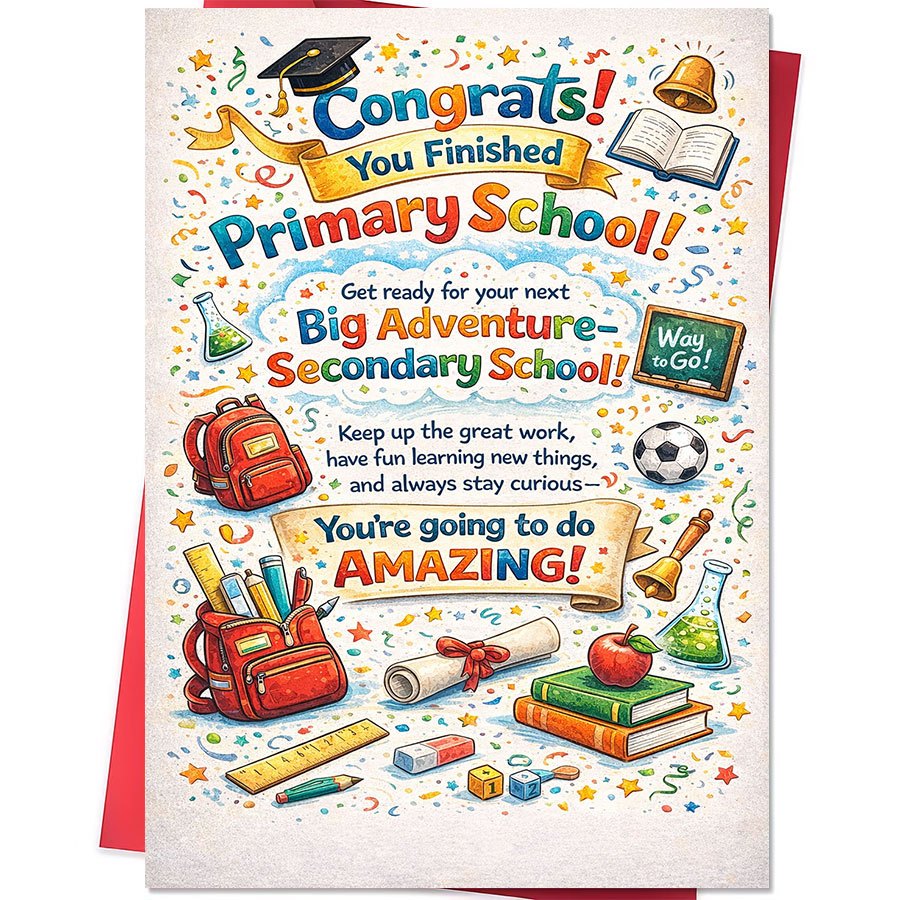 1 greeting card 1 envelope 1  for parents to congratulate their child on finishing   school and starting secondary school with   for   success and fun filled le