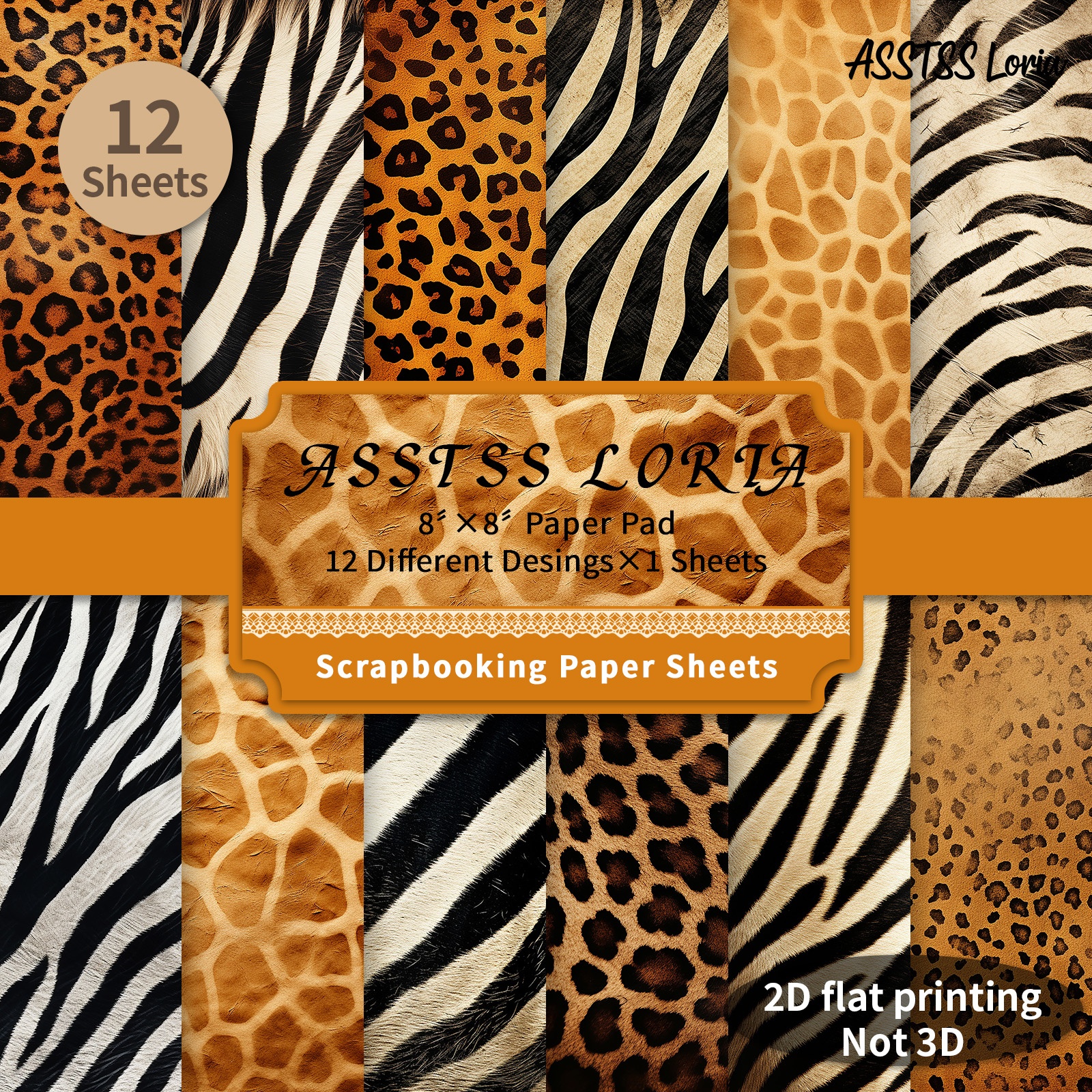TEMU Lot de 12 feuilles de papier scrapbooking ASSTSS Loria 8 X 8 pouces, papier de base rétro avec textures d'animaux / papier de , papier cartonné